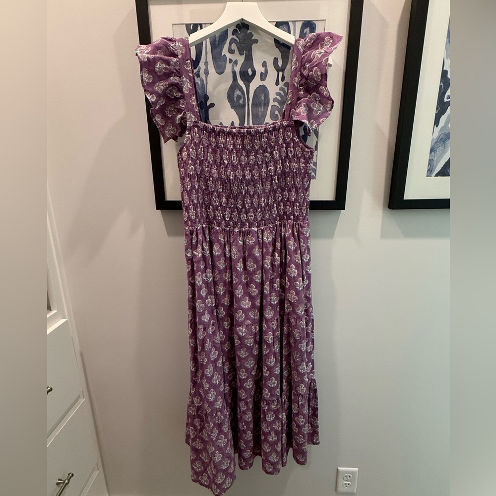 Victoria Dunn Smocked Midi Dress | Purple Floral | Ruffle Strap Boho- M